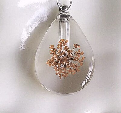 Clear Teardrop Crystal CREMATION URN NECKLACE with Embedded Dried Peach Color Flowers (each is unique) - Includes Velvet Pouch and Fill Kit - image4